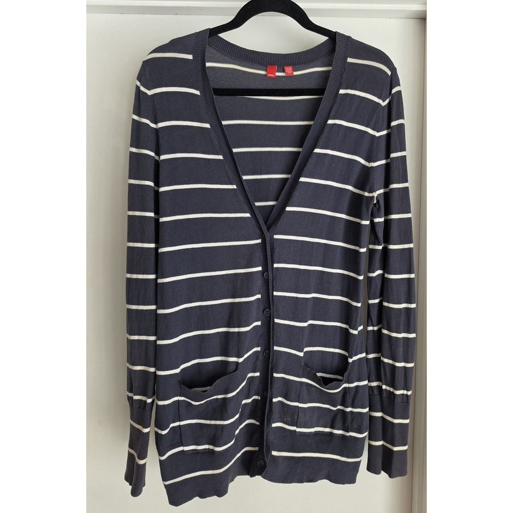 Esprit Cardigan Women Striped Navy White V-Neck Long Sleeve Sweater Classic